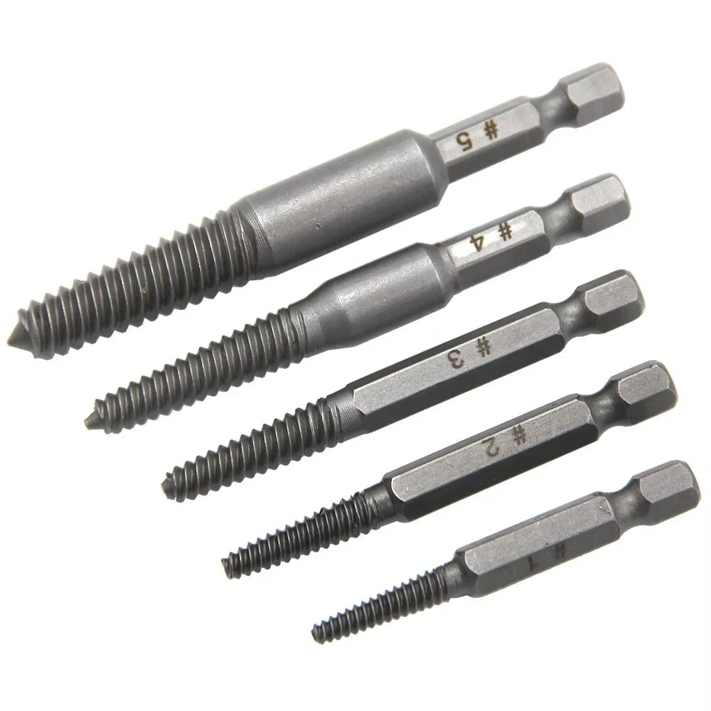 Five-piece damaged screw extractor set with hardened steel bits for removing stripped screws
